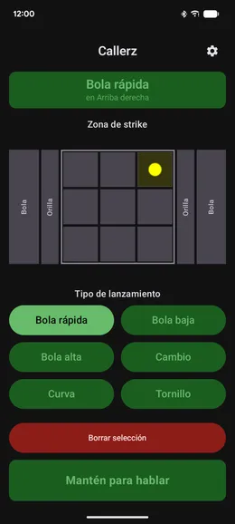 Pantalla de lanzamientos de Callerz en español con seis botones y la zona de strike