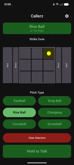 Callerz phone app pitch screen in dark theme showing six pitch buttons and the strike zone grid