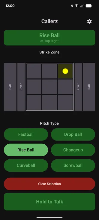 Callerz phone app pitch screen in dark theme showing six pitch buttons and the strike zone grid